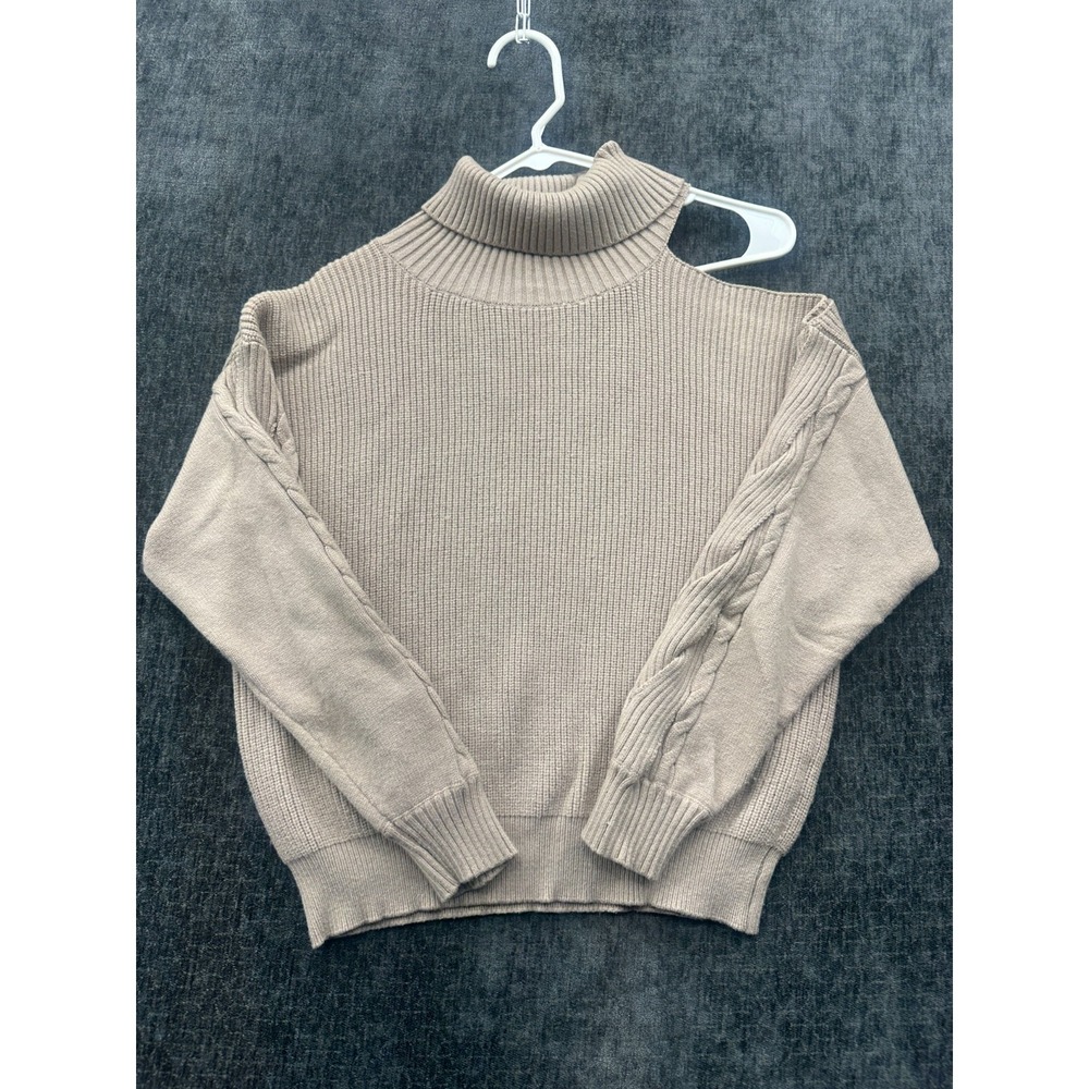 Elan Sweater Womens Medium Beige Tight Knit Ribbed Off Shoulder Casual Warm Wear